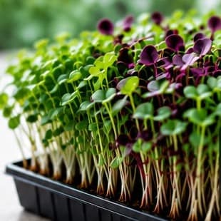 A lush tray of green and purple microgreens at Freshiva Greens