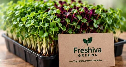 Freshiva Greens microgreens tray with a branded card