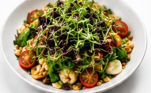A colourful salad bowl topped with fresh microgreens
