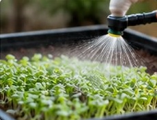 Microgreens being misted with clean water