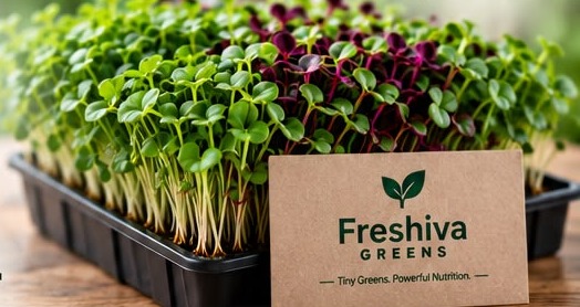 Freshiva Greens microgreens tray with a branded card