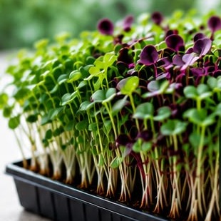 A lush tray of green and purple microgreens at Freshiva Greens